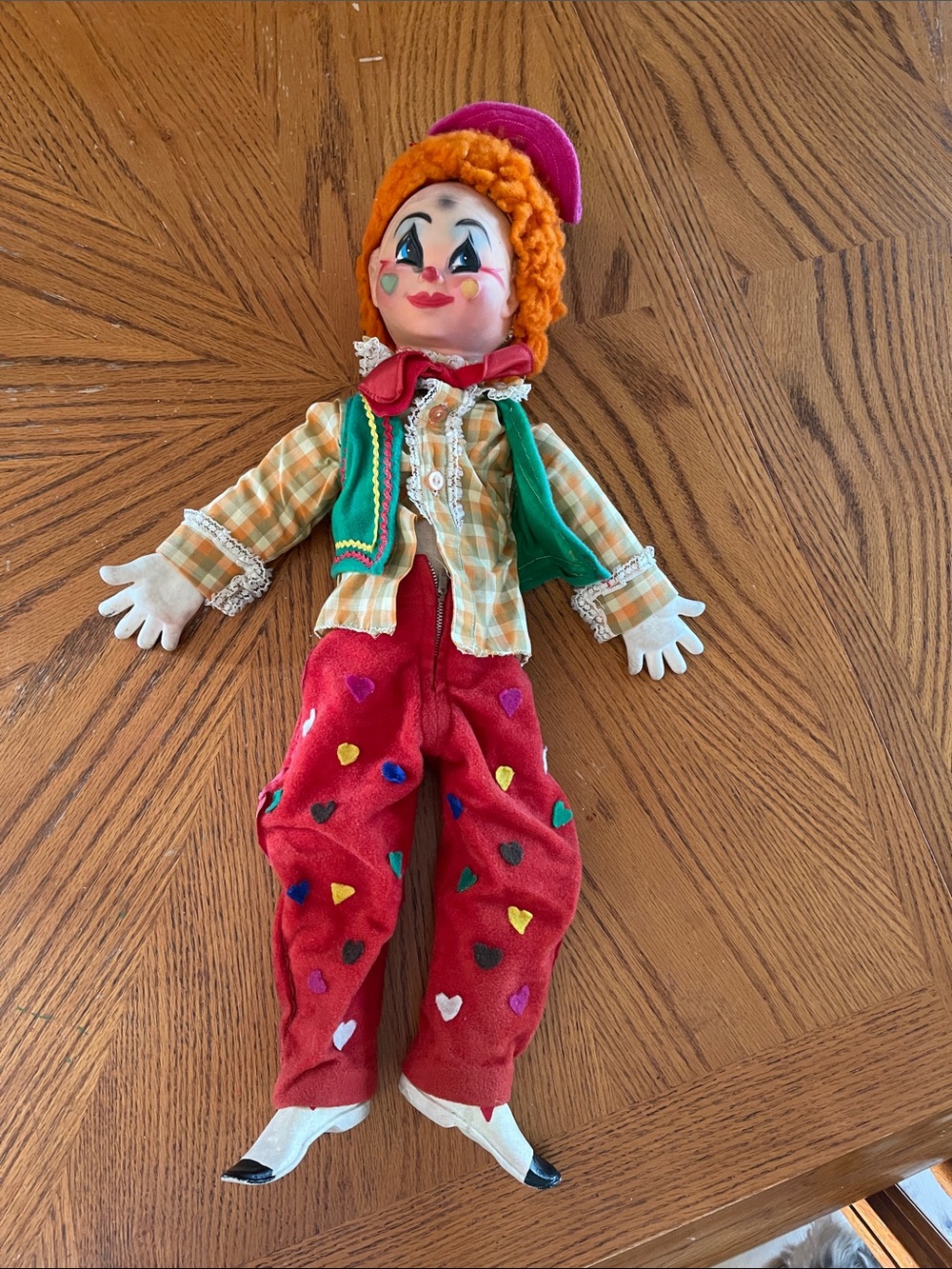 Vintage Colorful Clown Plush Doll - Red Pants, Multicolor Hearts